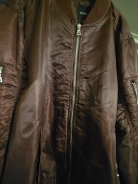 Men's Brown Satin Bomber Jacket with Zip Front